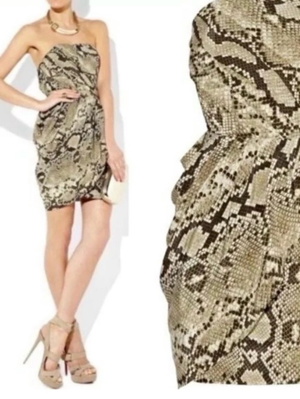 Michael Kors Snakeskin Draped Dress Tan Brown Asymmetrical Ruched Strapless Mini